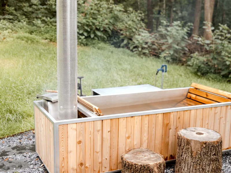 Wood-fired hot tub outdoors